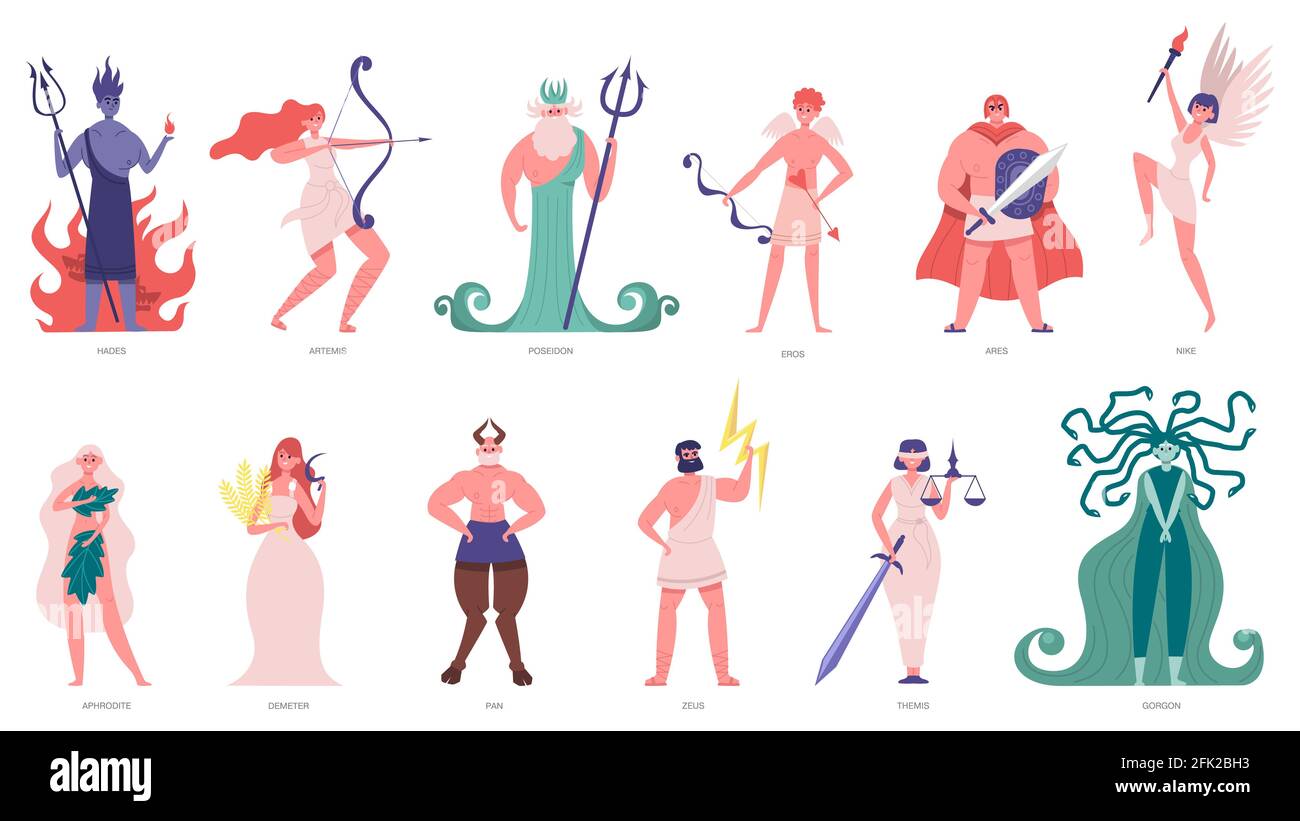 Greek gods and goddess. Olympic cartoon gods and heroes, poseidon, hades, zeus and hermes. Ancient mythology characters vector illustration set Stock Vector