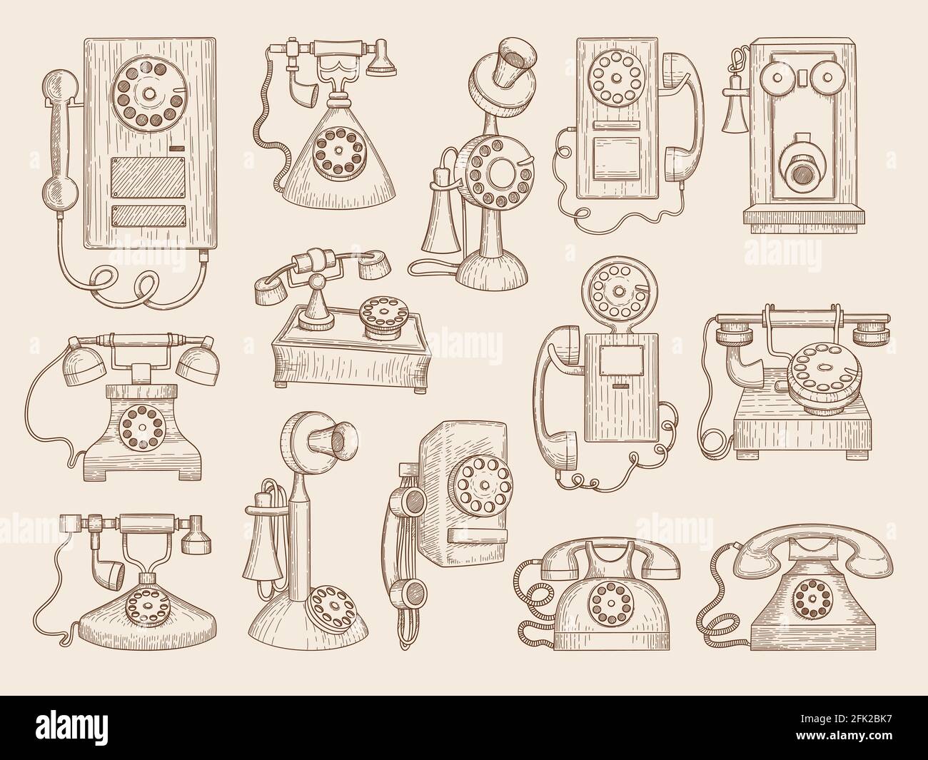 Old telephone. Retro gadgets communication phones vector collection Stock Vector
