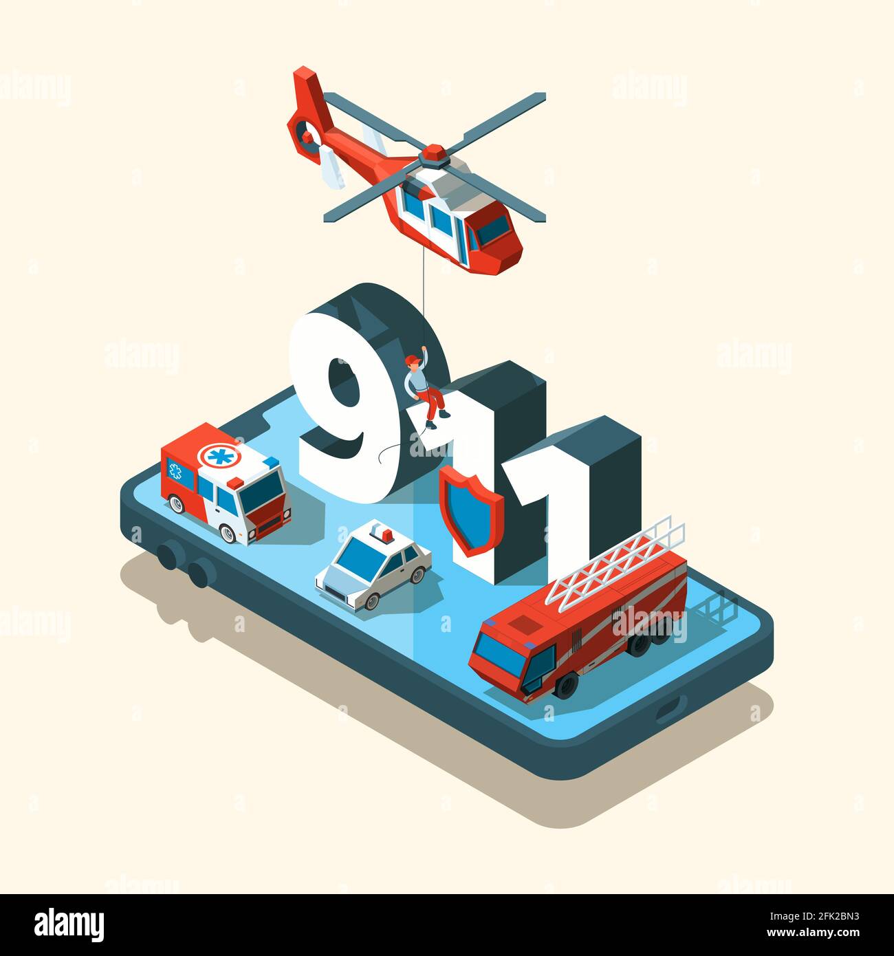 Emergency vehicles isometric. Safety urban transport 911 care call ambulance police vector car set Stock Vector