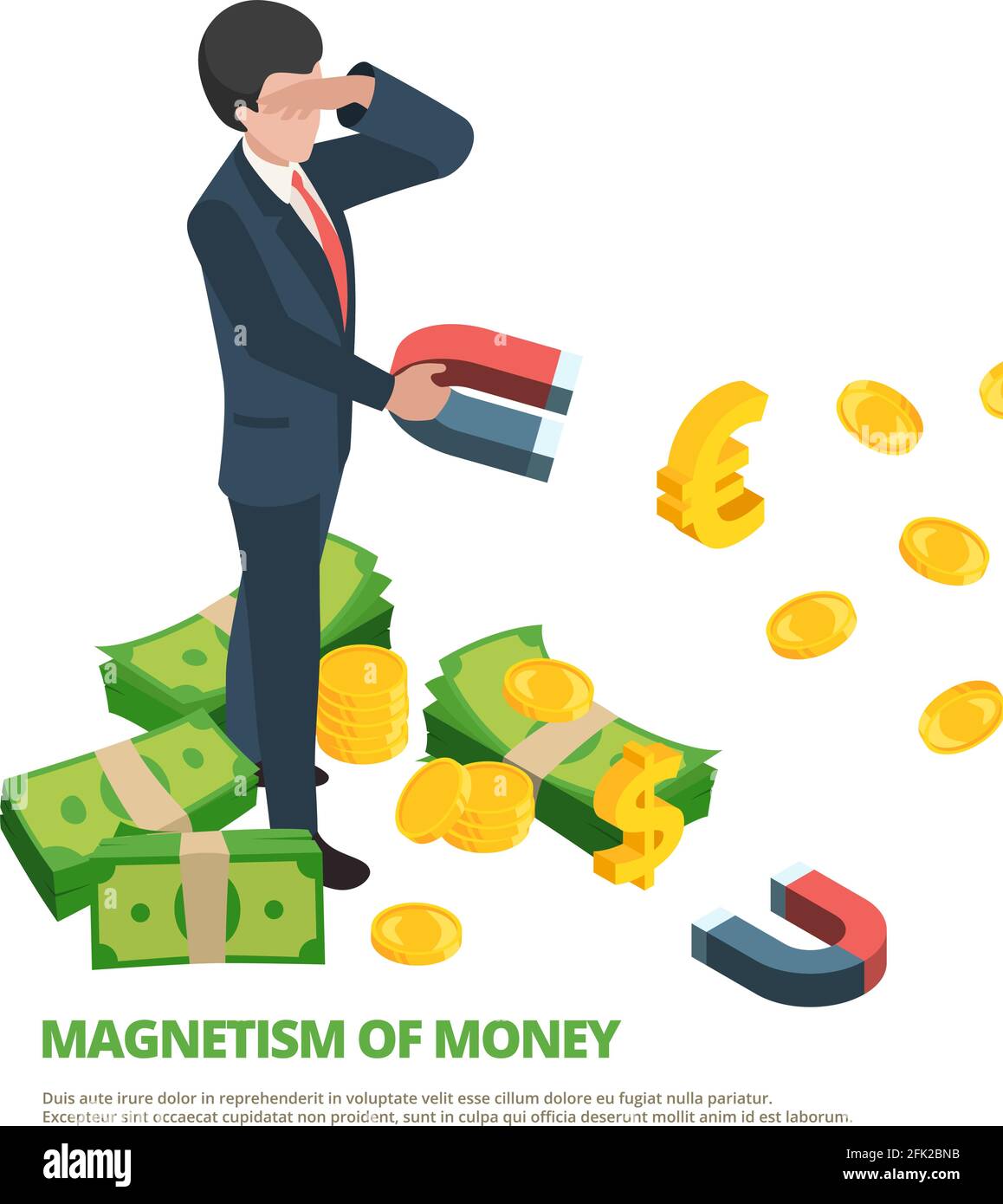 Magnet money. Business connection financial dollar magnetism vector isometric concept Stock Vector