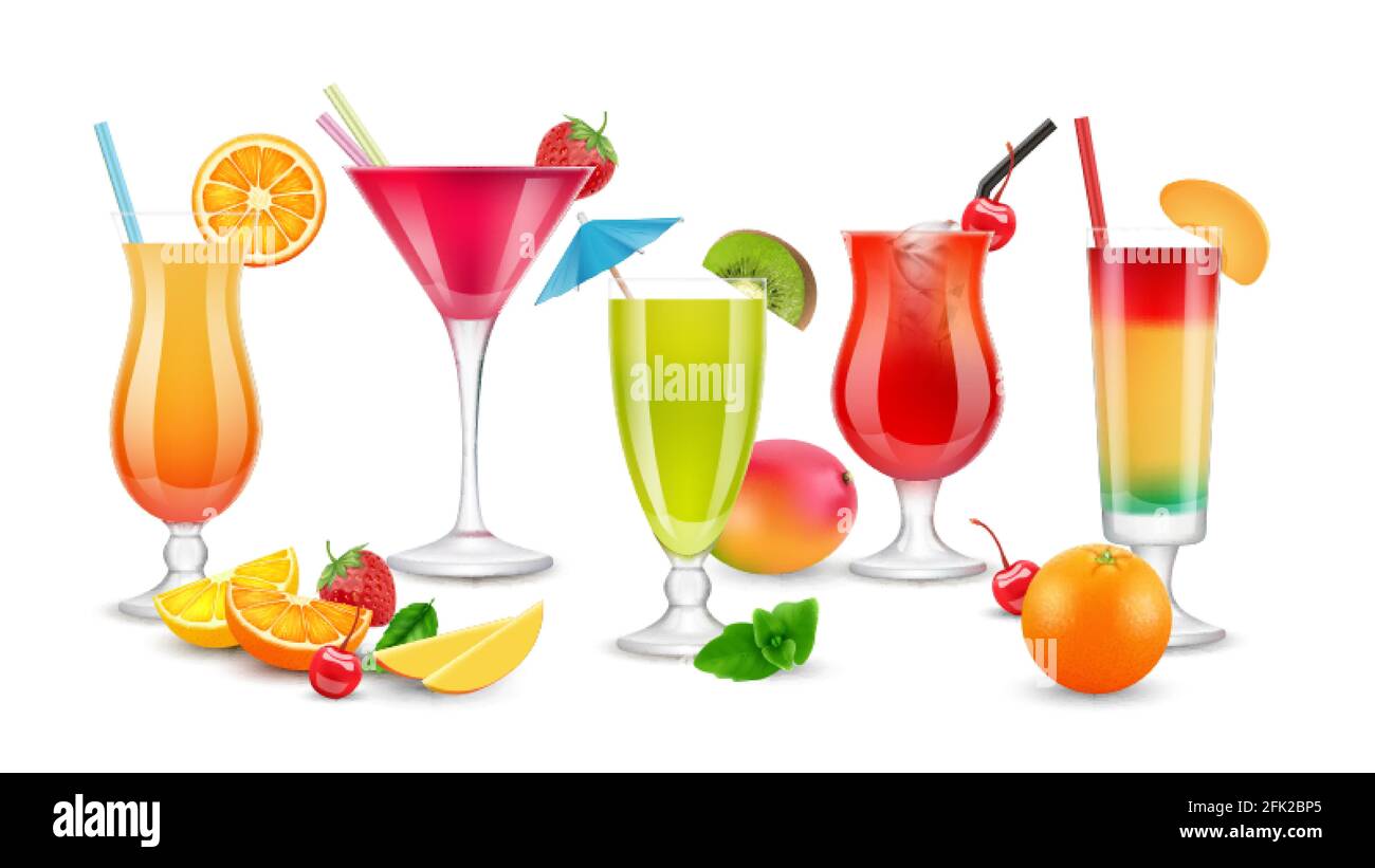 Fruits drinks. Seasonal summer realistic cocktails. Berries, fruit