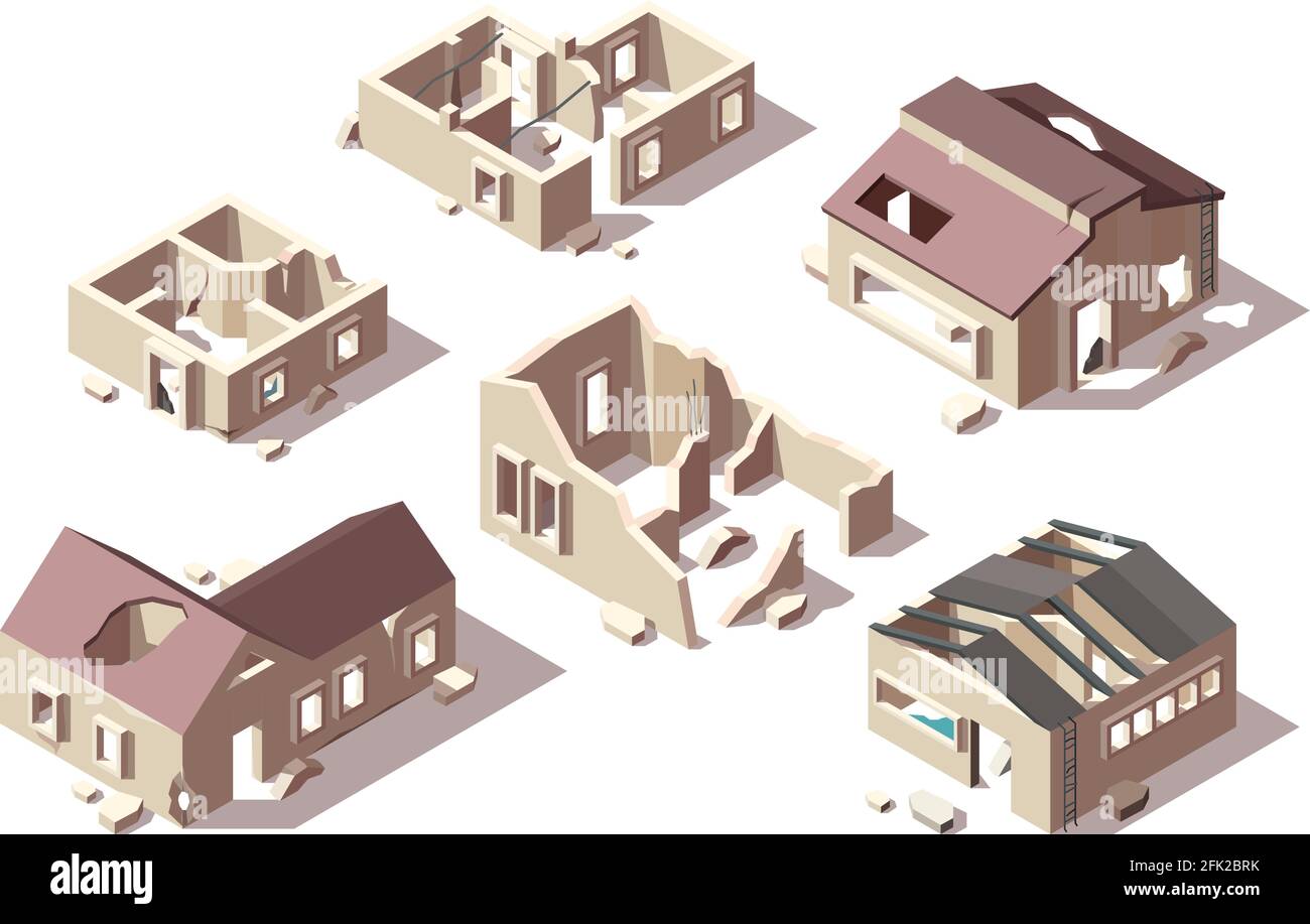 Abandoned buildings. Isometric broken houses city ruined objects vector