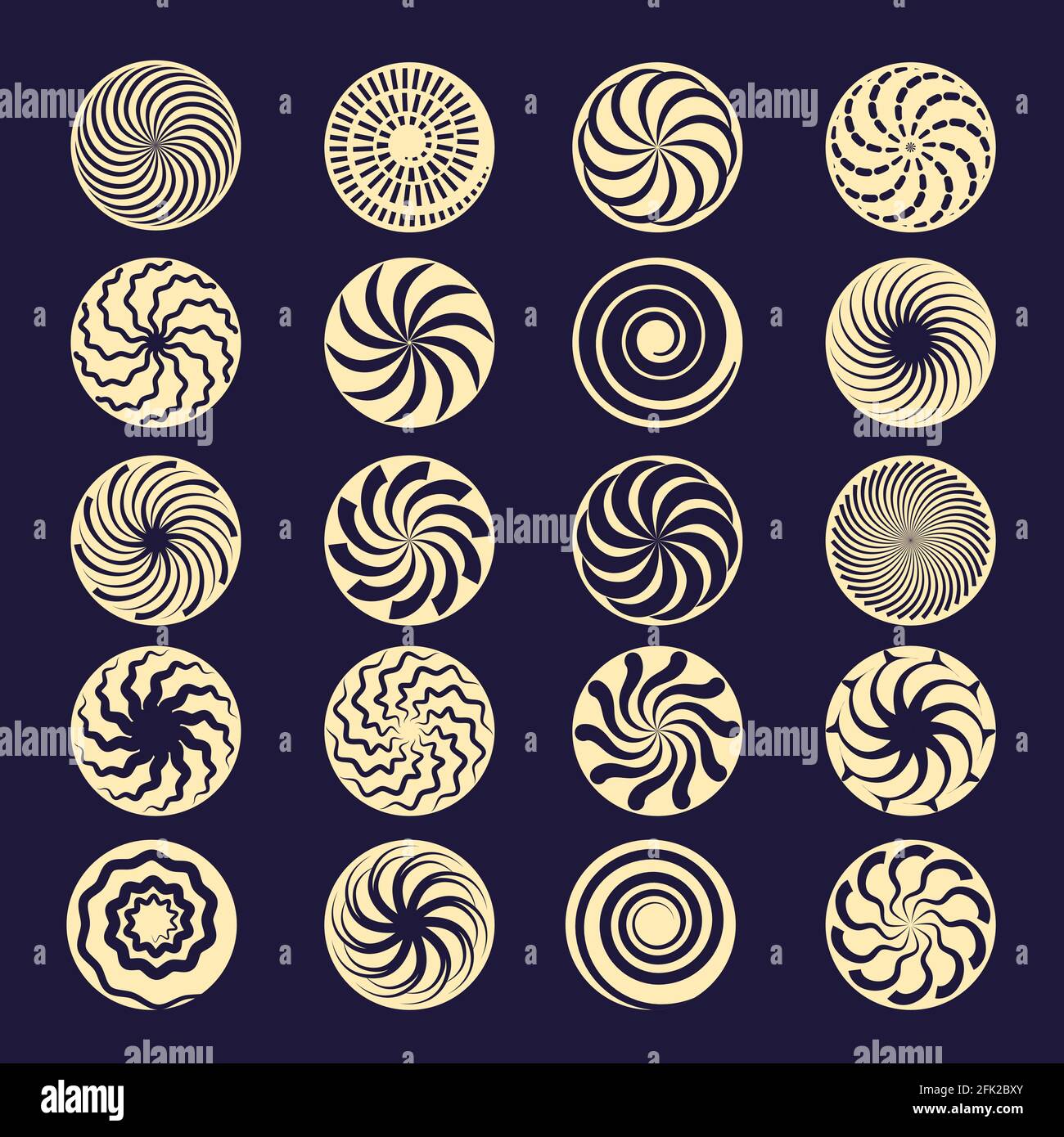 Hypnotic spiral. Black radial motion shapes twirl stroke vector elements Stock Vector