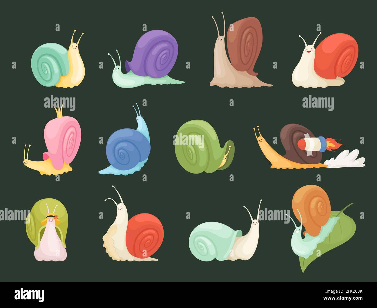 Snails characters. Cartoon insects with spiral house shell slug slime