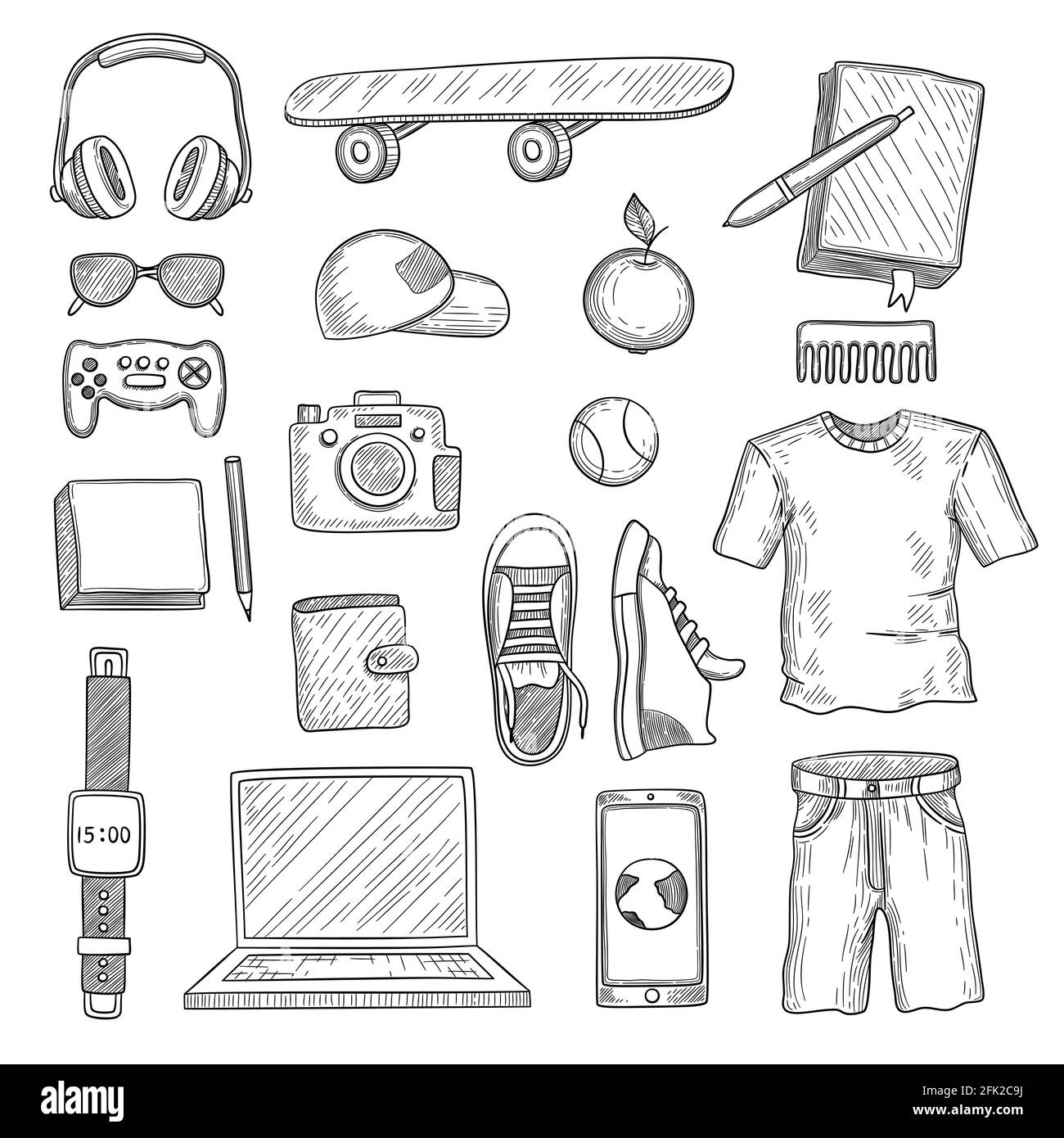 Teenage accessories. Young person stuff elements wardrobe items modern ...