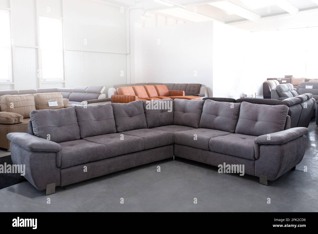 Modern design living room interior with corner sofa in a gray ...