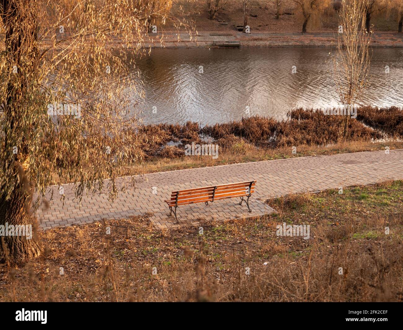 Empty wooden bench on the bank of a narrow water canal. Paths along stream in a magical autumn park with golden foliage in the city. Stock Photo