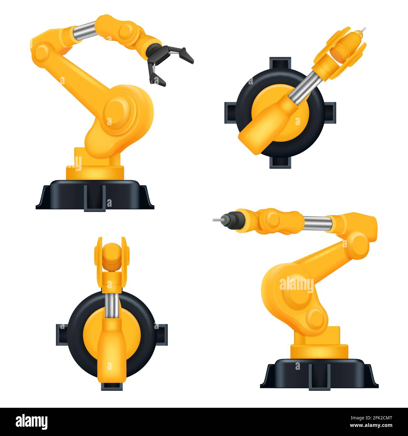 Robotic arms. Industrial machinery factory mechanic hydraulic crane for steel industry automation processes vector realistic robots Stock Vector