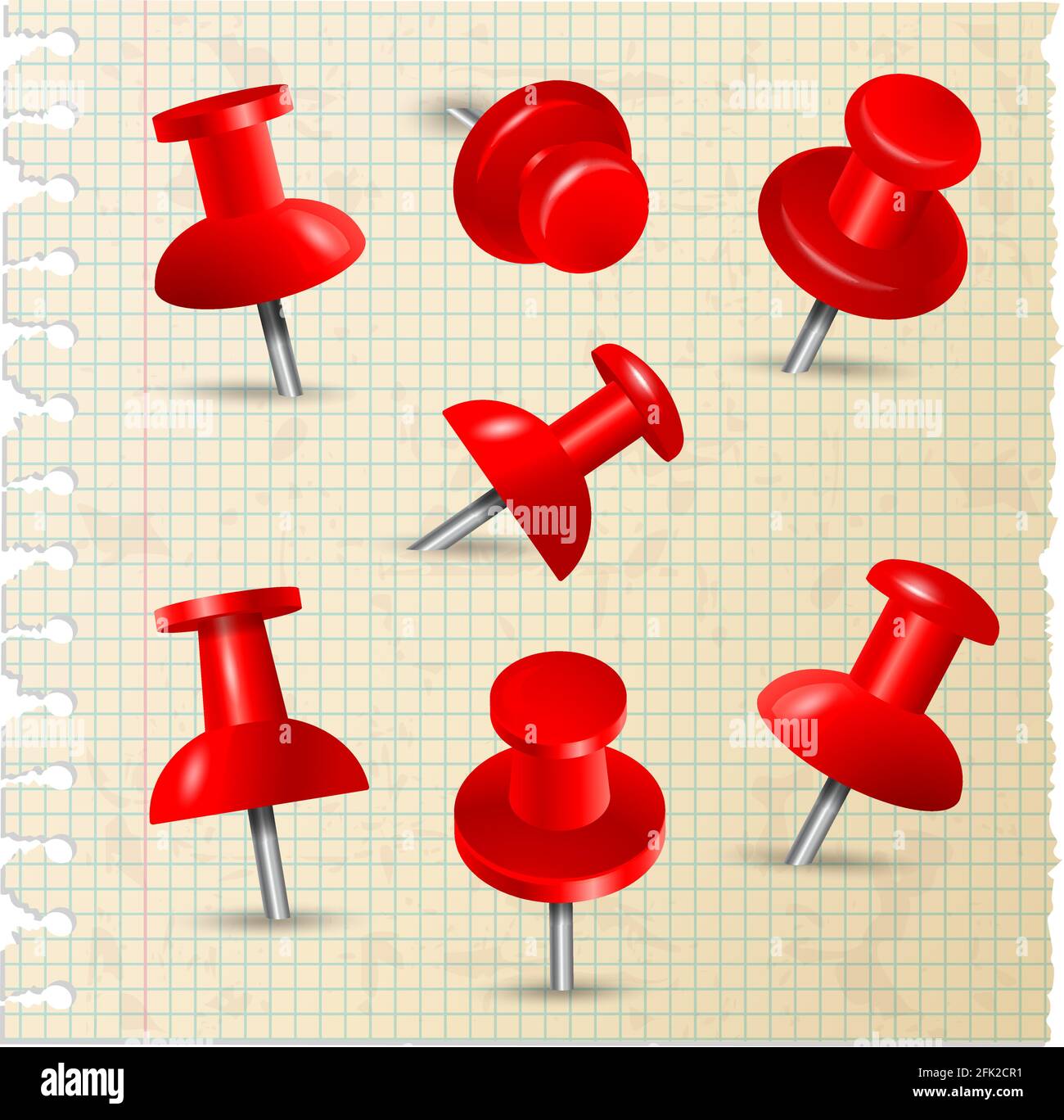 Red pins. Thumbtack push paper notes on board memo pins stationery items vector collection Stock Vector