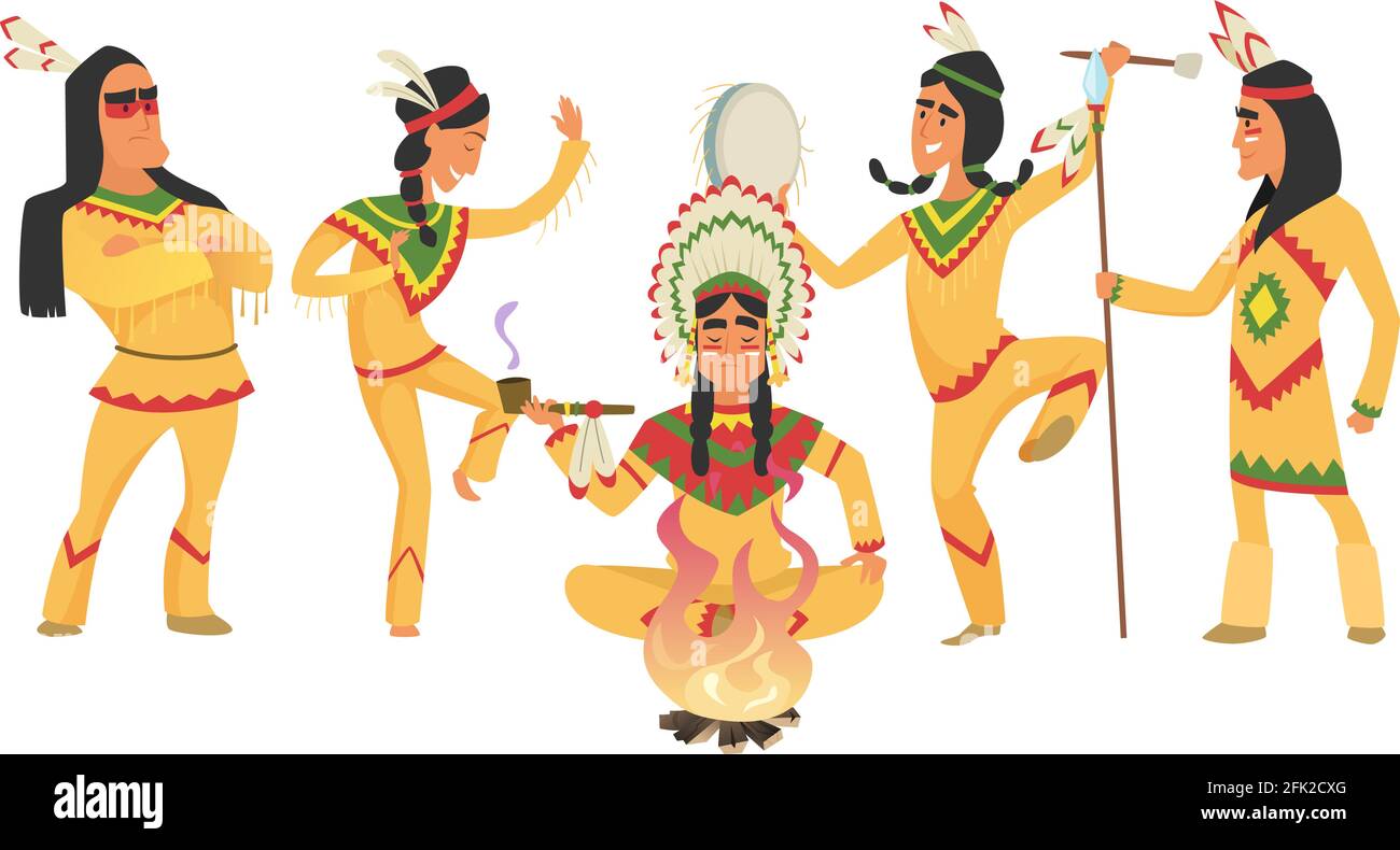 American native indians. Shaman and fire, ritual dancing people. Indian warriors vector illustration Stock Vector
