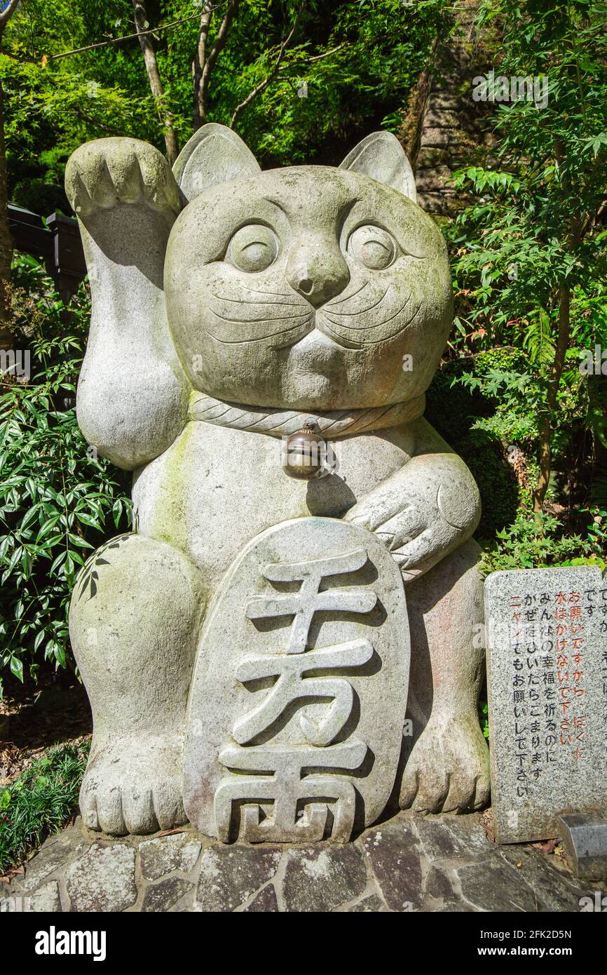 Cute Japanese lucky cat stone statue at Nazoin Temple, Sasaguri, Fukuoka, Japan Stock Photo