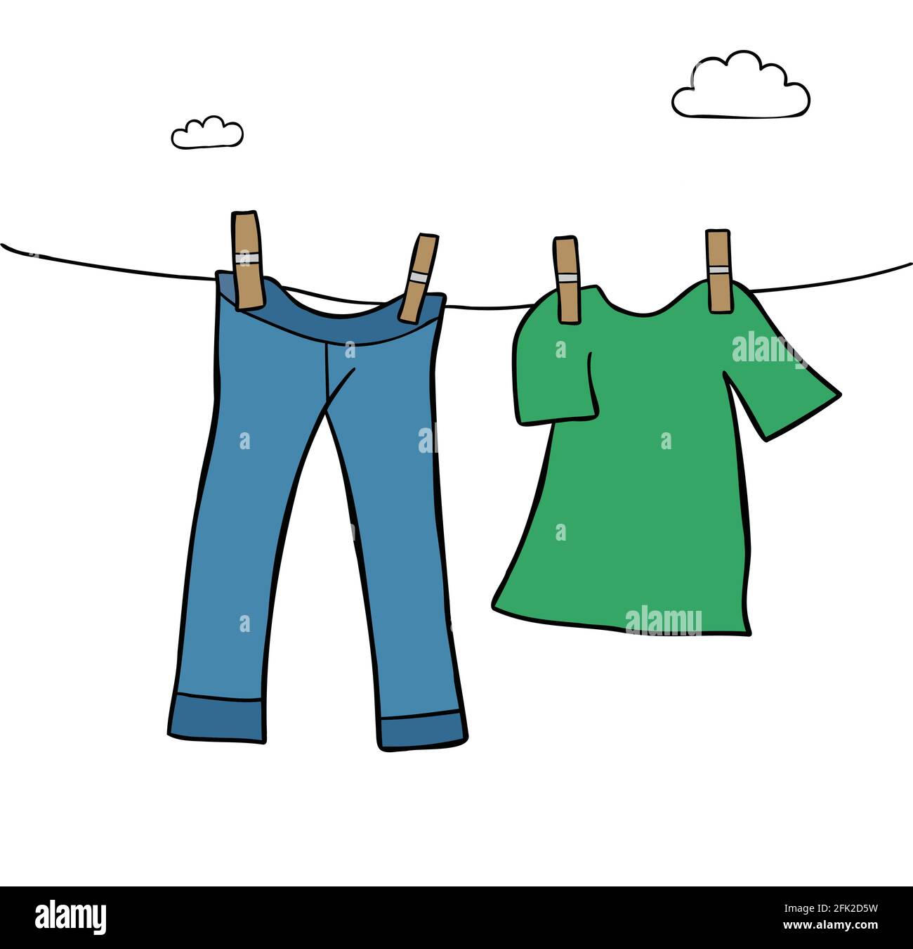 Cartoon vector illustration of hang laundry clothes on a clothes line,  jeans and t-shirt. Colored and black outlines Stock Vector Image & Art -  Alamy