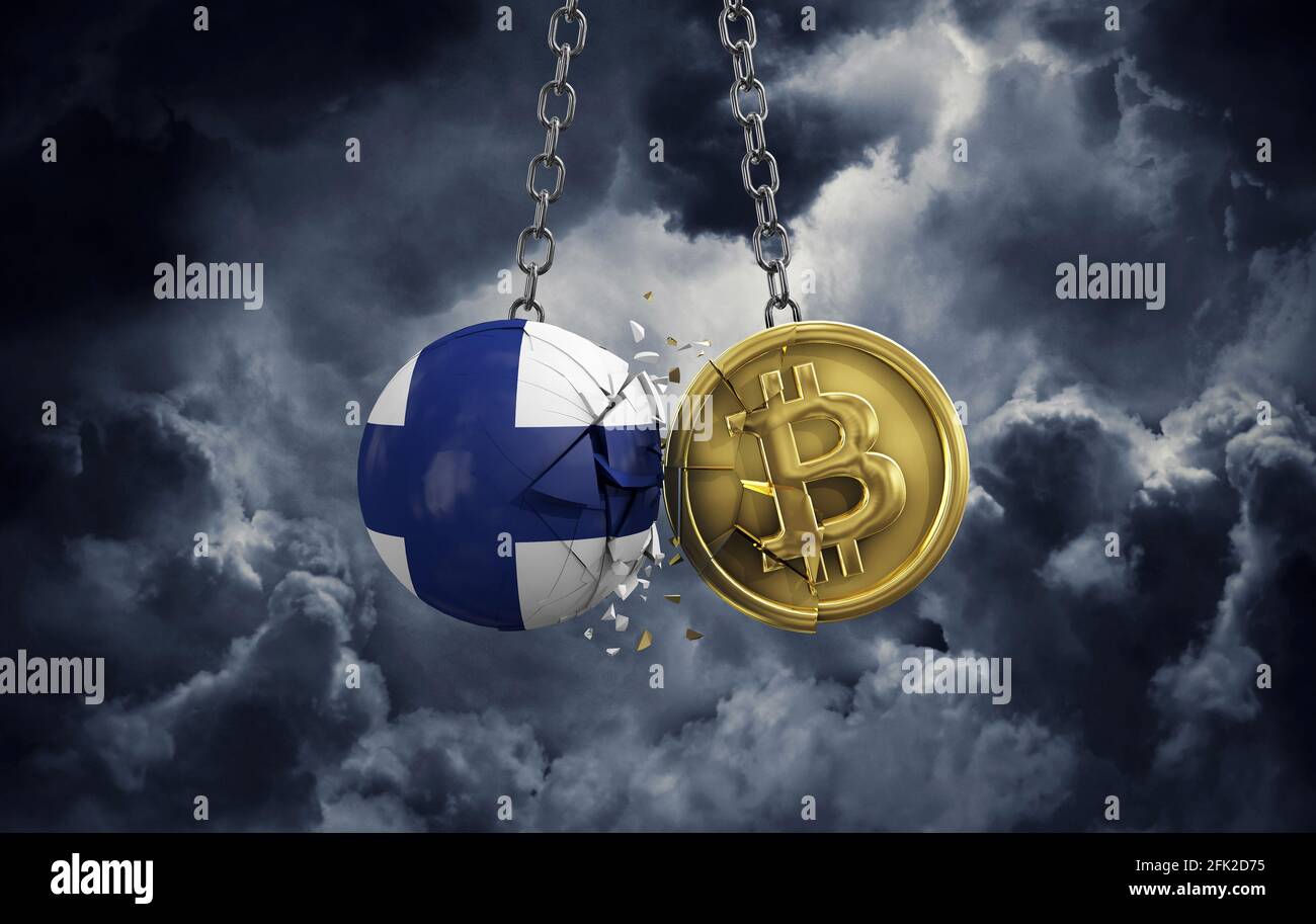 Finland flag smashing into a gold bitcoin crypto coin. 3D Rendering Stock  Photo - Alamy