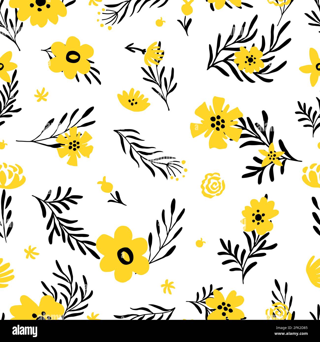 Yellow flower pattern. Doodle spring background with floral elements. Summertime fabric vector seamless texture Stock Vector