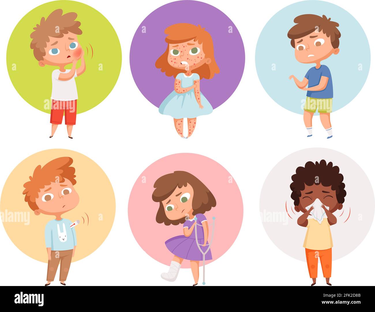 Sick kids. Health problems children flu unhealthy people sickness vomiting vector characters Stock Vector