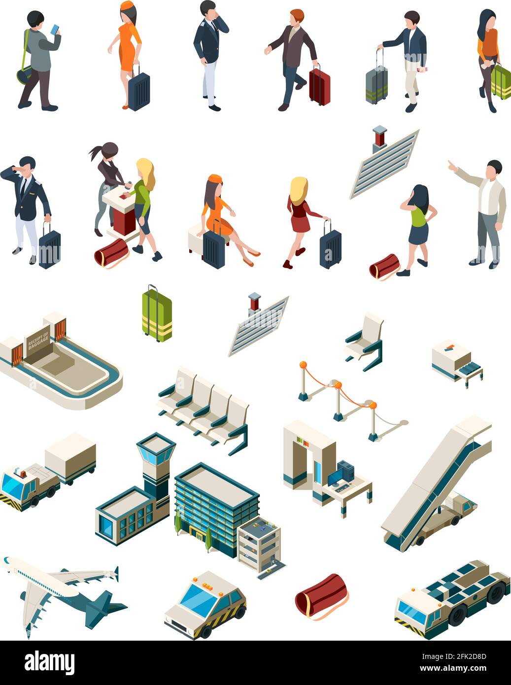 Airport terminal. People pilots flight attendants travellers airport interior luggage boarding ticketing vector isometric Stock Vector