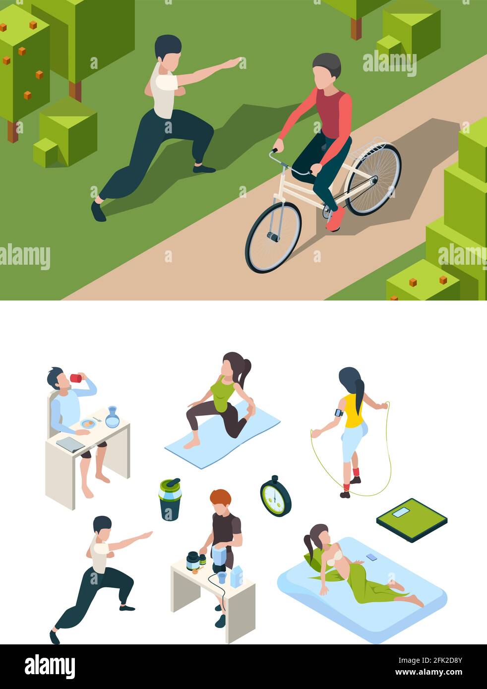 Healthy lifestyle. Daily activities of sport people nutrition for health active habits of successful person vector isometric Stock Vector