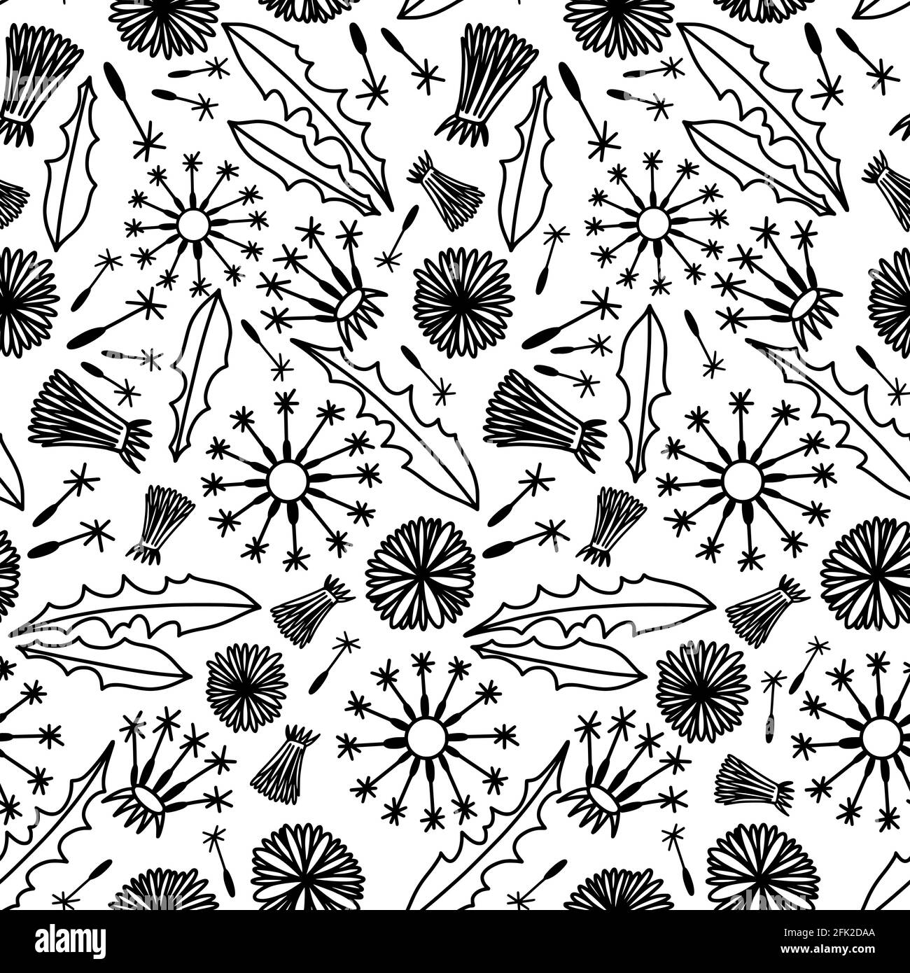 Simple seamless pattern with dandelions, black and white Stock Vector