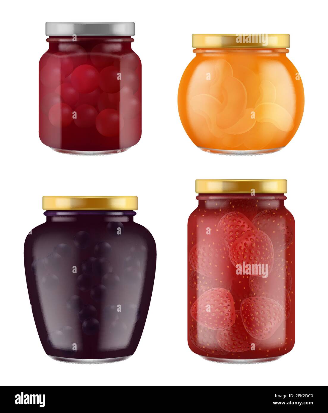 Jam jar. Realistic home made marmalade traditional gourmet healthy jelly food from fruits vector collection Stock Vector
