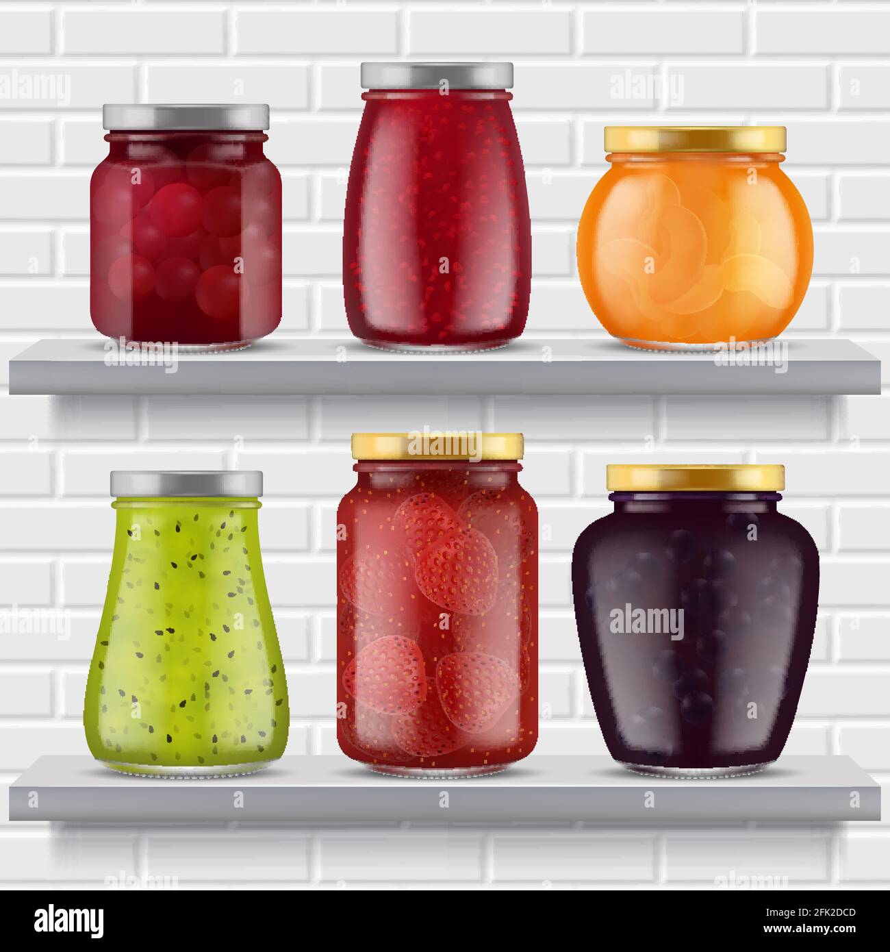 Jam food shelves. Fruits marmalade delicious products strawberry peaches apricots in glass jar realistic jam illustrations Stock Vector
