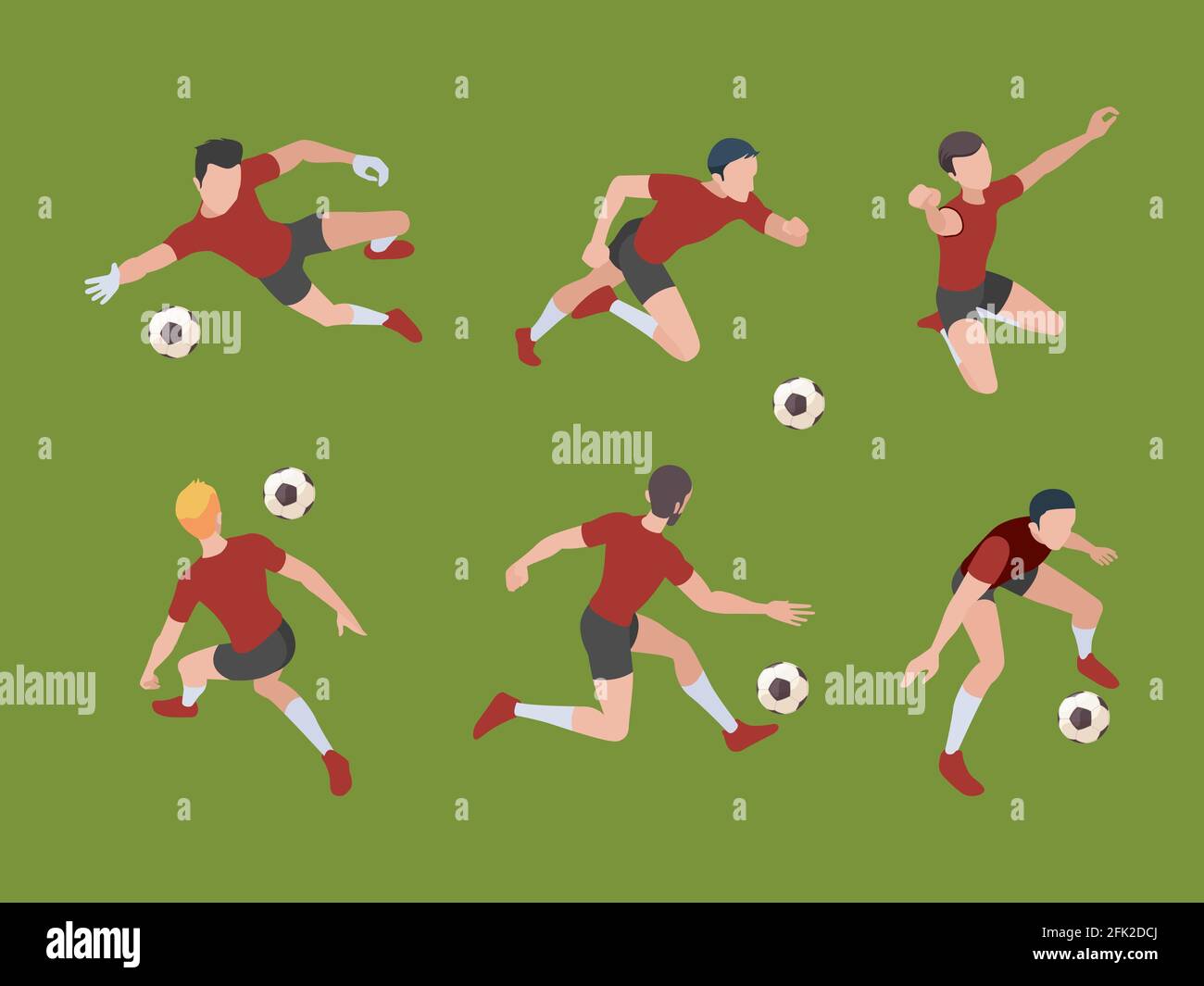 Soccer players. Sport characters football gamers in active poses goalkeeper vector isometric adults 3d people Stock Vector