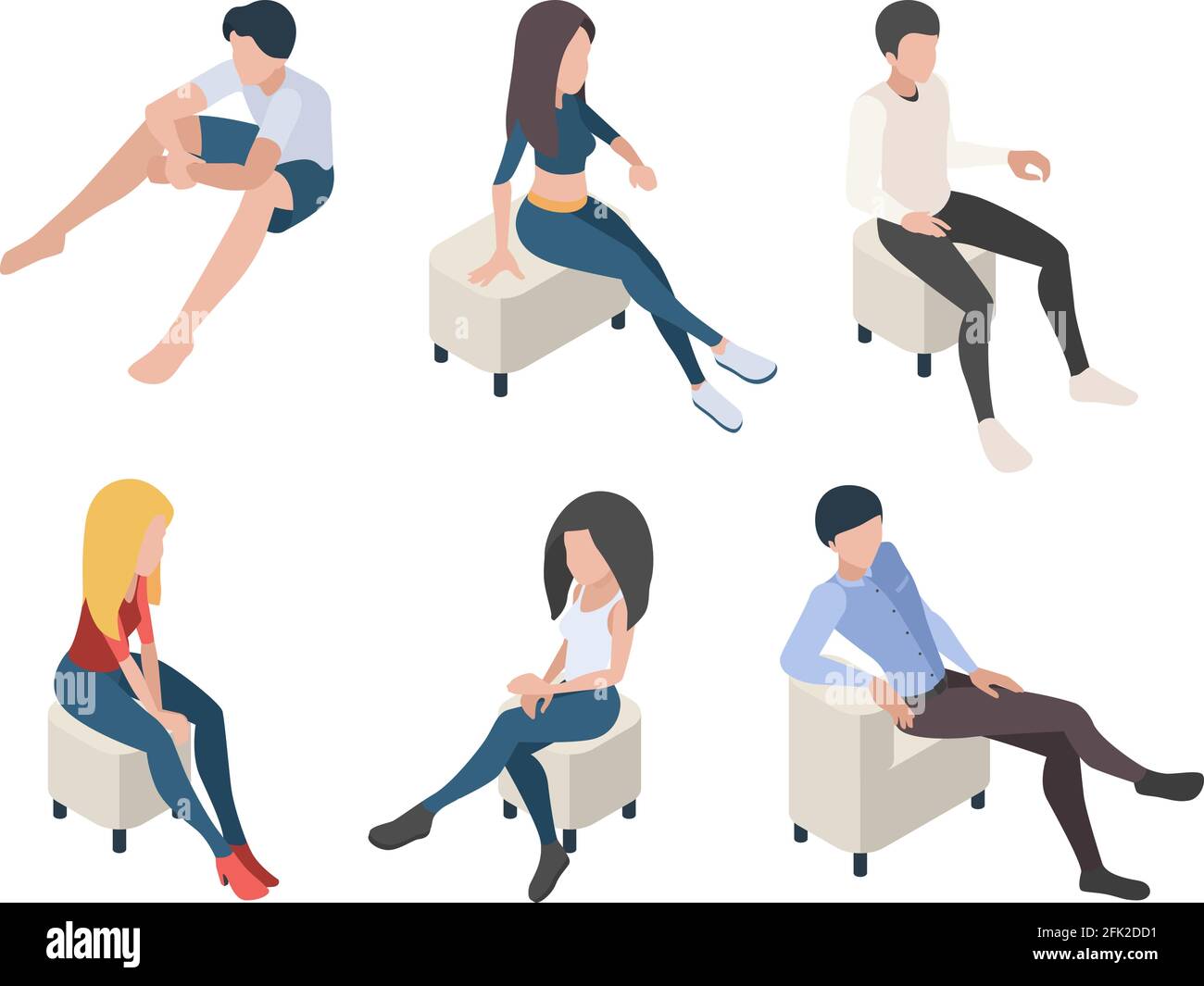 Sitting people. Characters in couch armchairs humans male and female persons in relax poses vector isometric Stock Vector