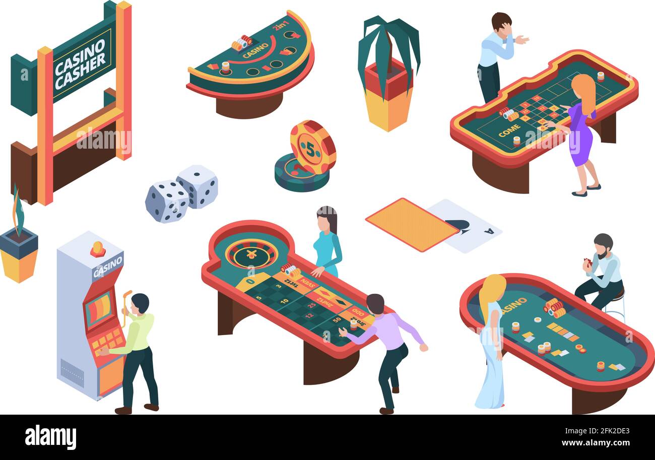Casino people. Gaming nightclub cards poker slot machine gambling characters vector isometric illustrations Stock Vector