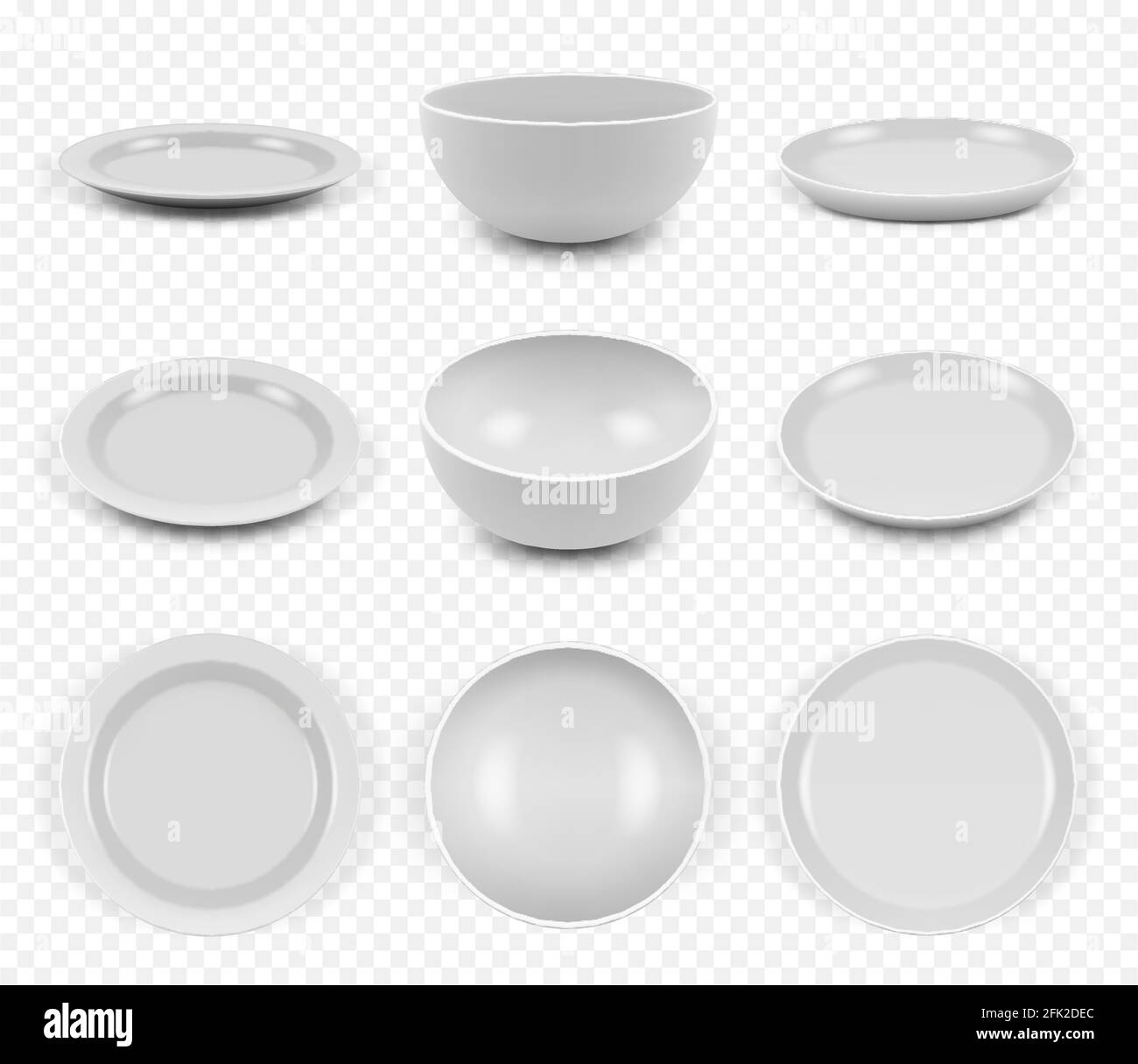 Ceramic utensils. Kitchen elegant empty plates dishes bowls for food vector collection set Stock Vector