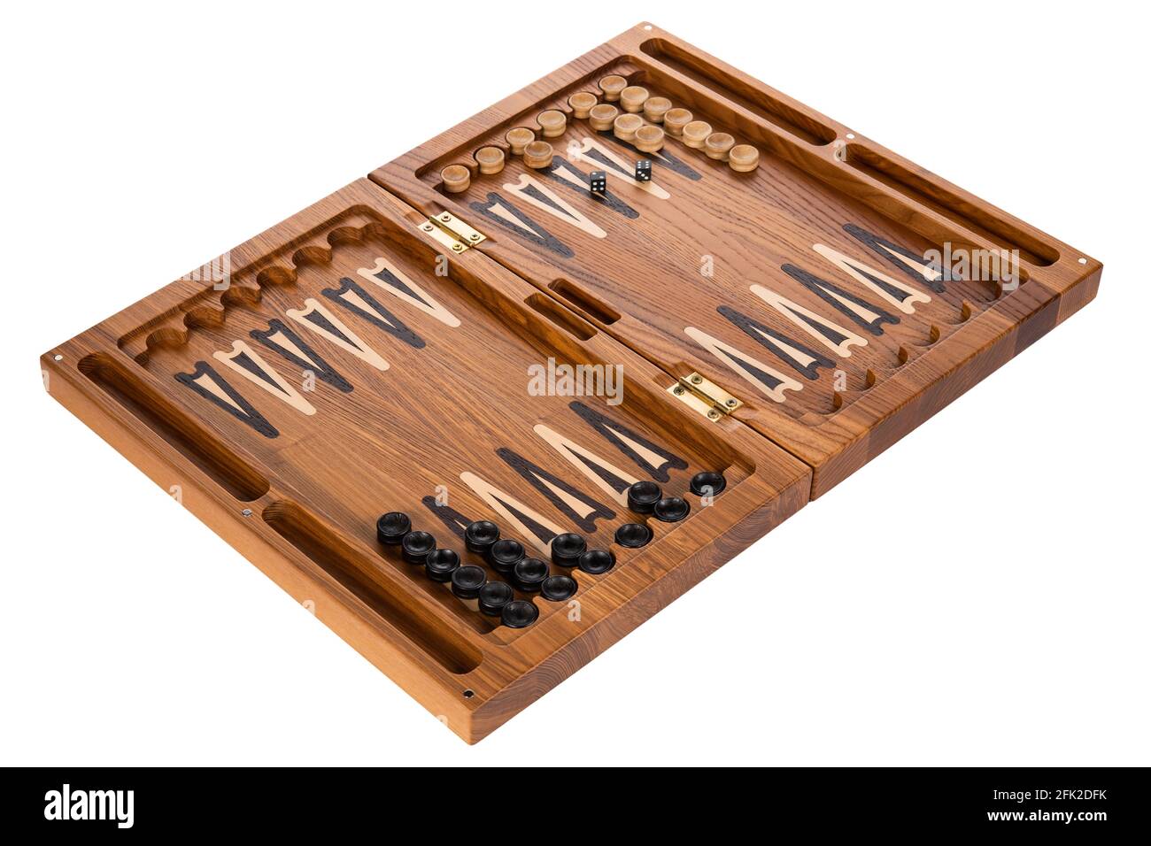 Board backgammon made of wood. dices chips and opened box of natural