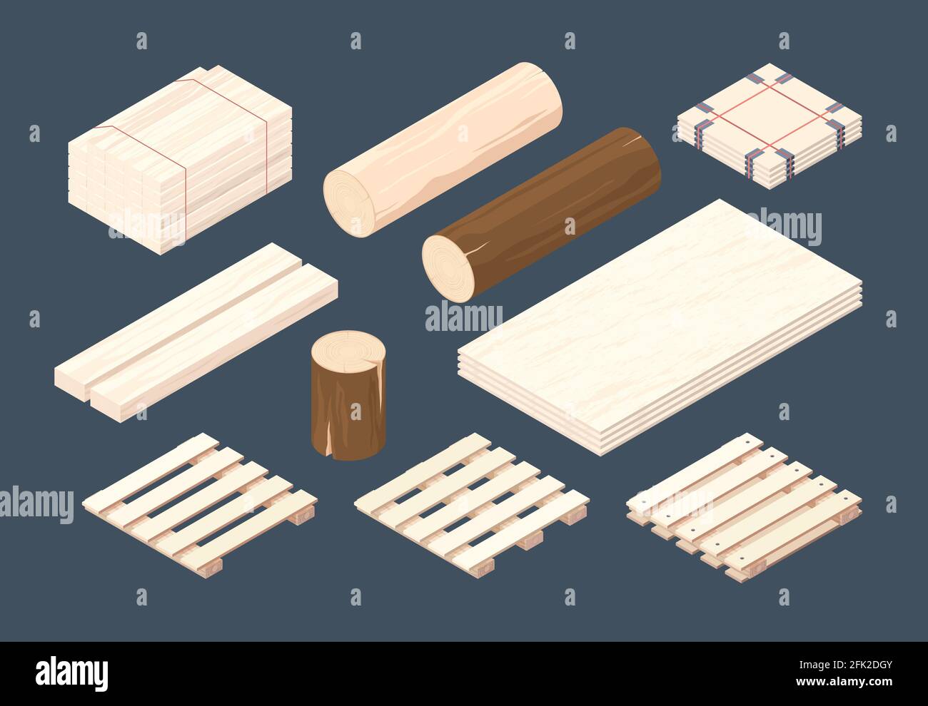 Wooden pallet. Isometric cargo containers and packages timber vector wooden set Stock Vector