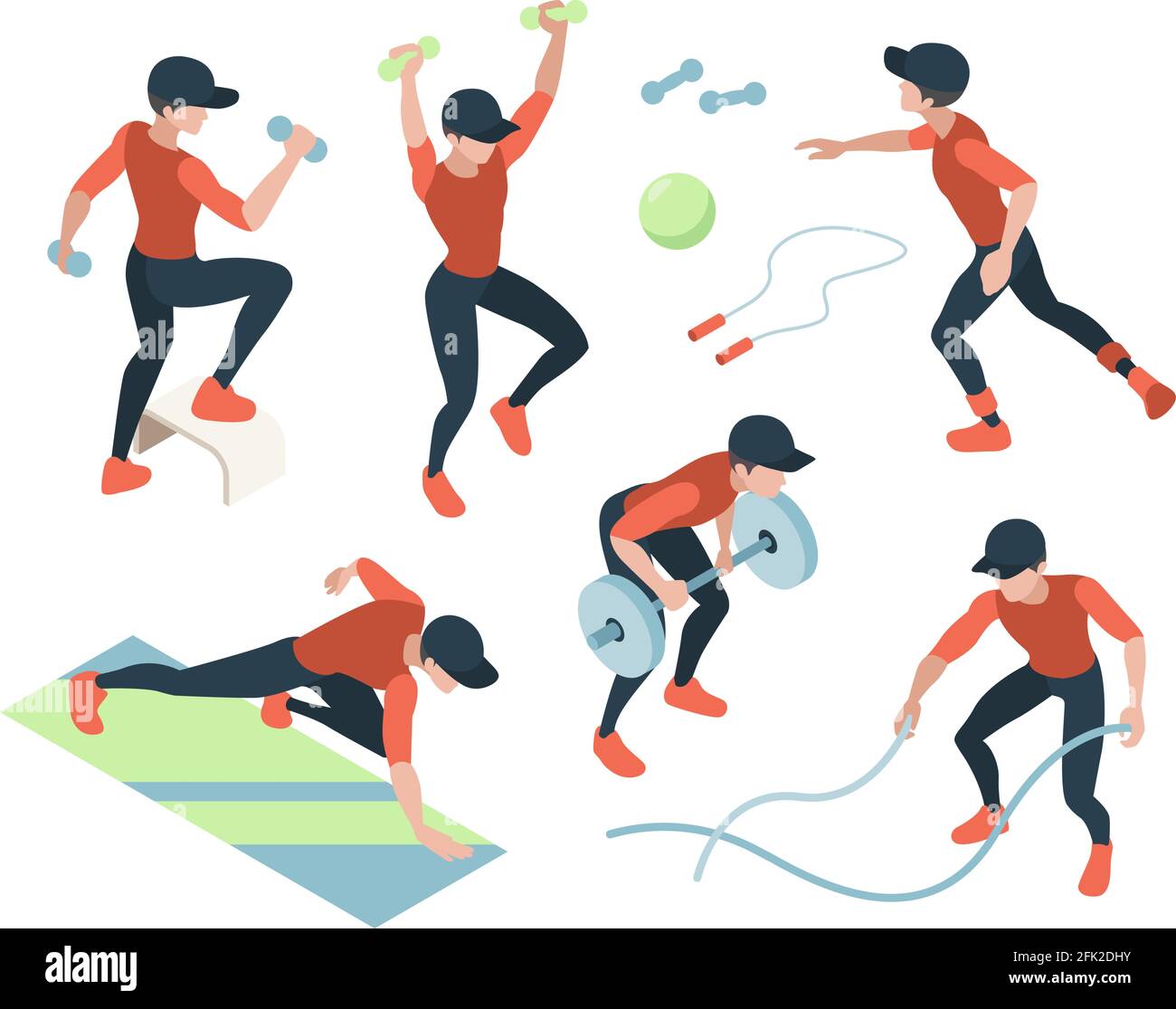 Cardio training. Fitness dynamic exercises woman and man doing sport gymnast lifting vector gym isometric people Stock Vector