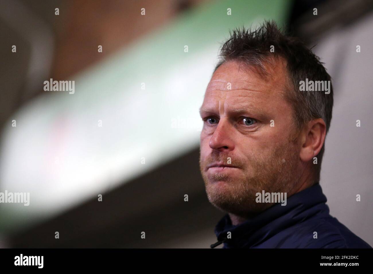 Newport, UK. 27th Apr, 2021. Michael Flynn, the manager of Newport county looks on after the game. EFL football league two match, Newport county v Scunthorpe Utd at Rodney Parade in Newport, Wales on Tuesday 27th April 2021. this image may only be used for Editorial purposes. Editorial use only, license required for commercial use. No use in betting, games or a single club/league/player publications. pic by Andrew Orchard /Alamy Live news Stock Photo