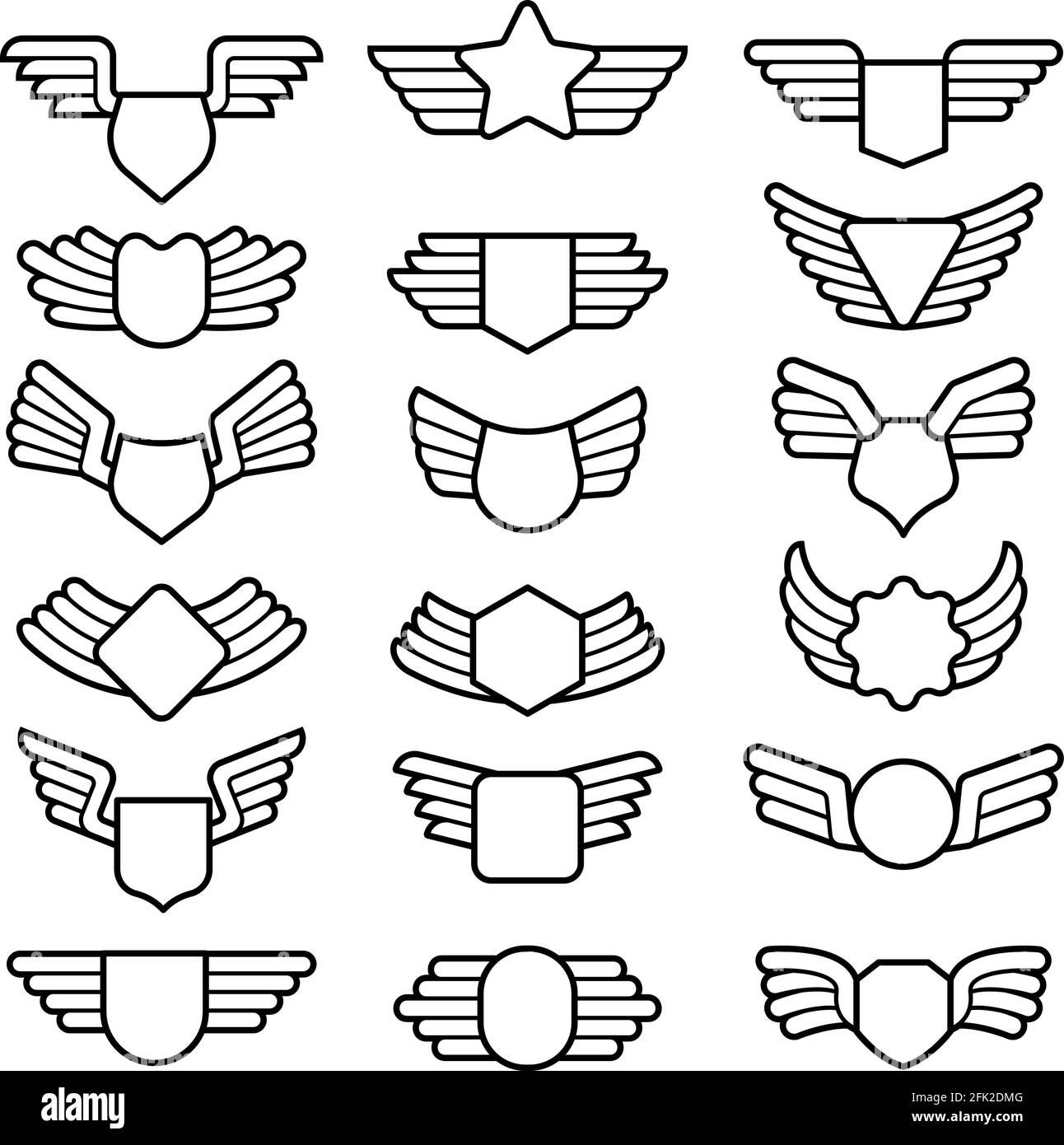 Wings shields. Air army emblems or badges flight corporate insignia vector templates collection Stock Vector
