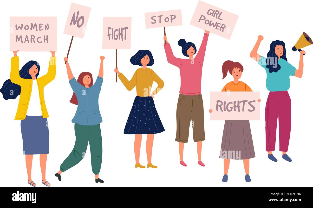 Woman protest. Female crowd with placard politics speaking multiracial feministic persons young girls vector characters Stock Vector