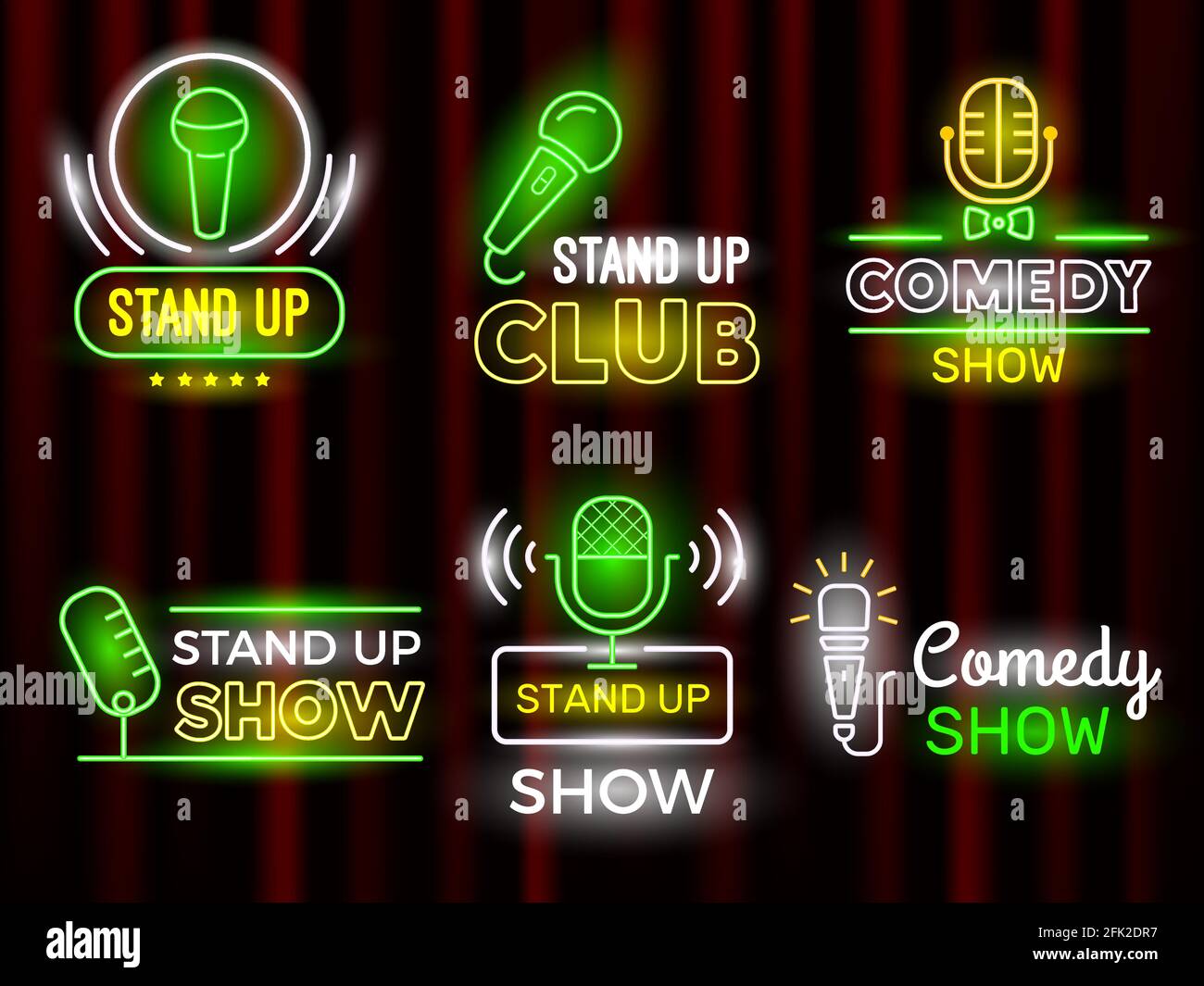 Standup comedy. Open microphone comedian symbols vector neon logotype set Stock Vector