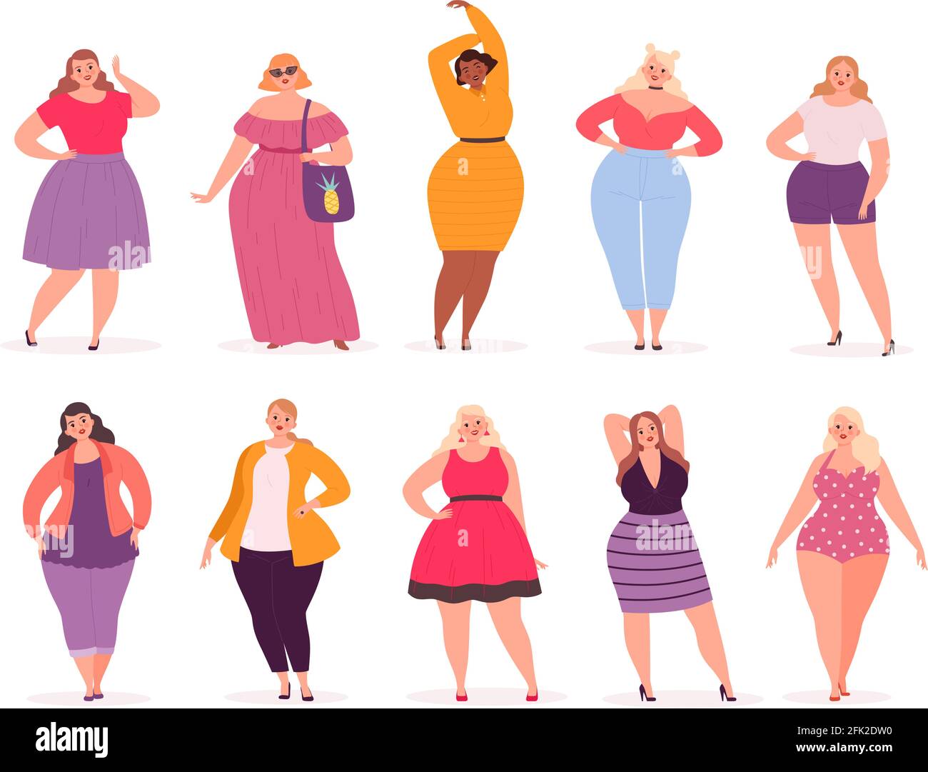 Over size woman. Adult fat people curvy in casual clothes vector persons cartoon characters Stock Vector