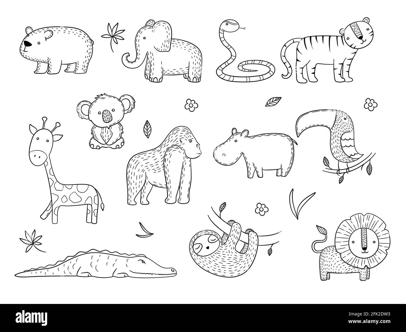 Jungle animals. African safari wildlife monkey hippopotamus tiger lines vector drawing pictures Stock Vector