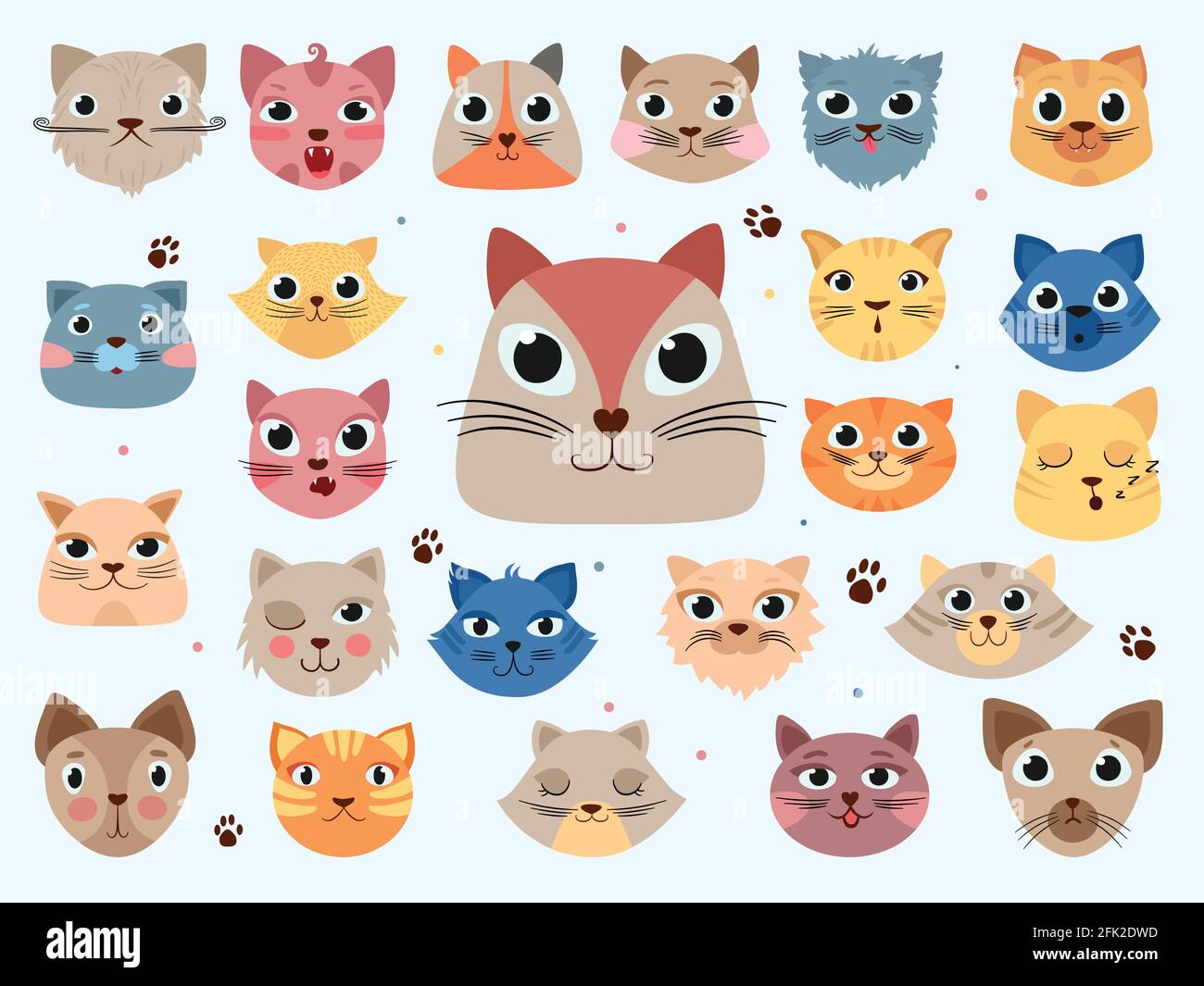 Kitty head. Funny animals domestic colored cats different emotions vector doodle illustrations Stock Vector