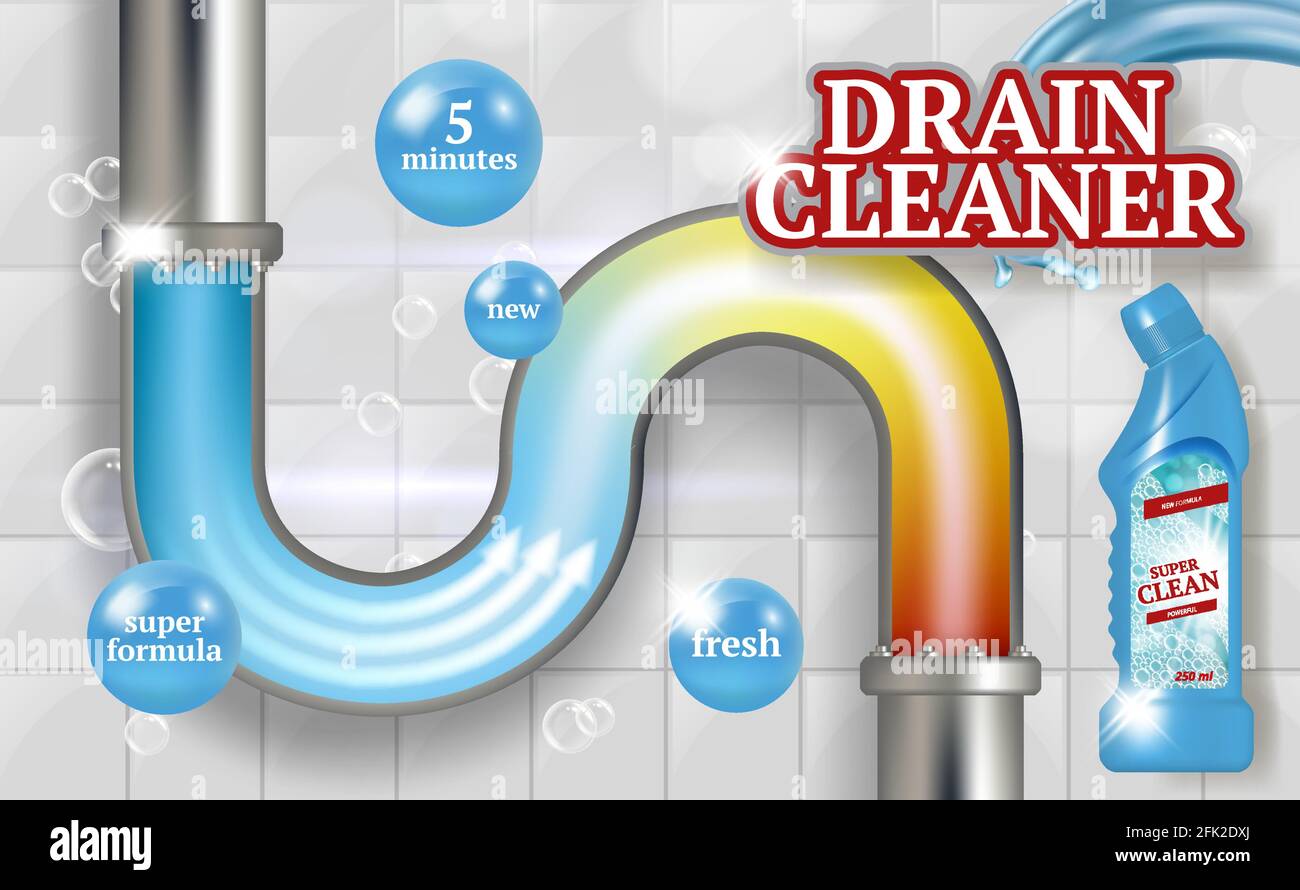 Cleaning pipes. Ads placard of bathroom piping drain plumber vector realistic promotional poster fresh tubes Stock Vector