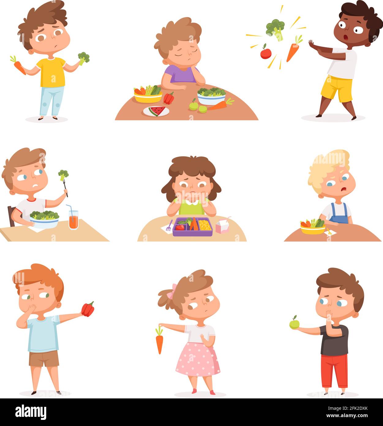 Kids and vegetables. Little hungry children eating fast food dont like fruits and healthy products vector cartoon characters Stock Vector