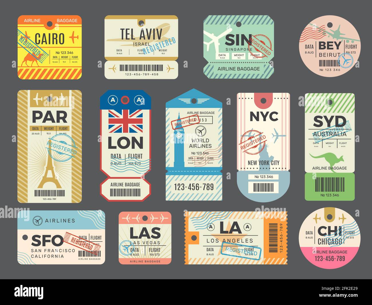 Baggage retro tags. Traveling old tickets flight labels stamps for luggage vector set Stock Vector