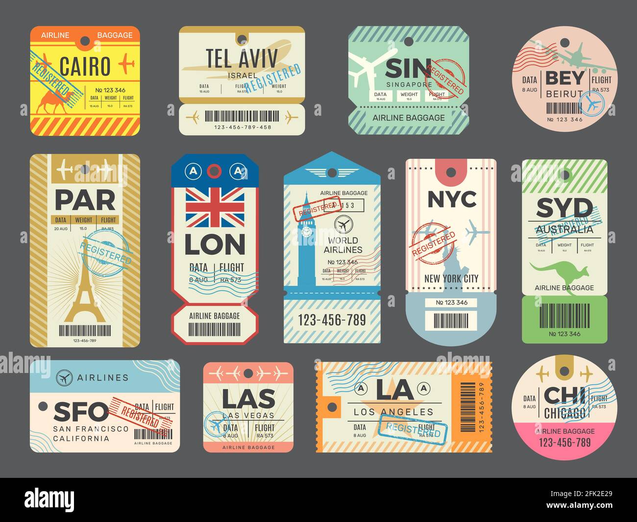 Baggage retro tags. Traveling old tickets flight labels stamps for