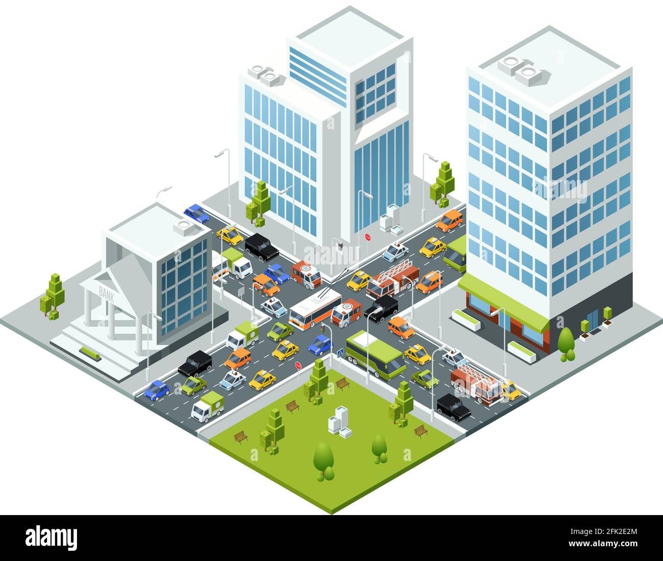 Crossroad jam traffic. Isometric urban transport active movement in jammed city vector 3d buildings busses and cars Stock Vector