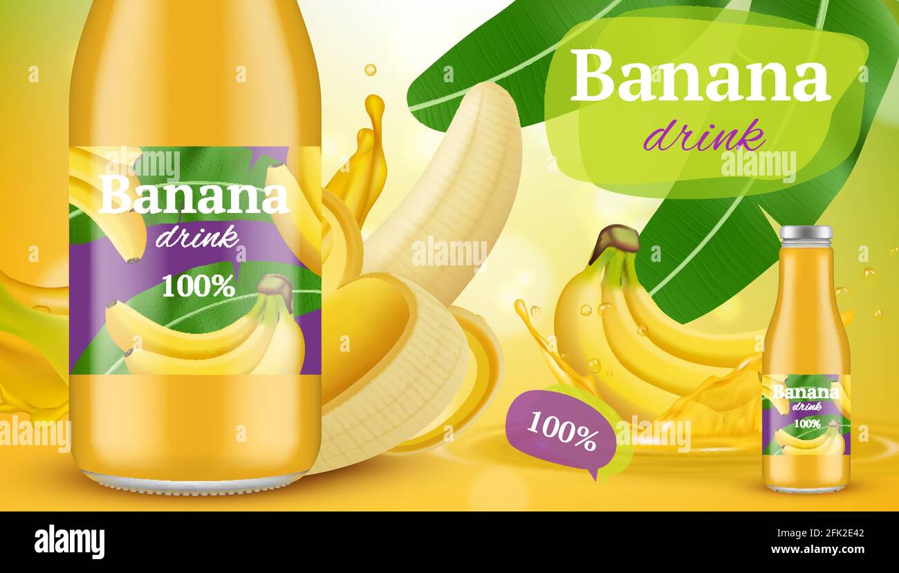 Banana poster. Promotional advertising placard of exotic tropical juice from bananas vector healthy banana drinks Stock Vector
