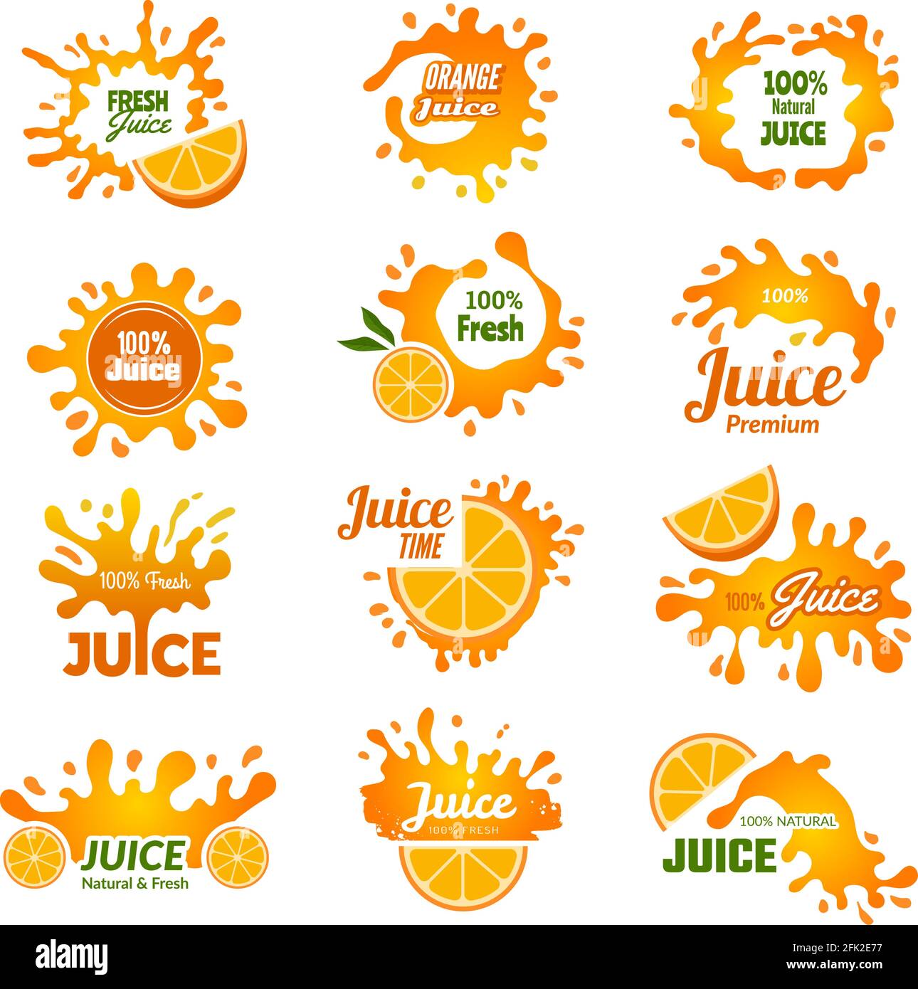 Juice logo. Orange ink drop splashes advertising promo badges for drink vector illustrations collection Stock Vector