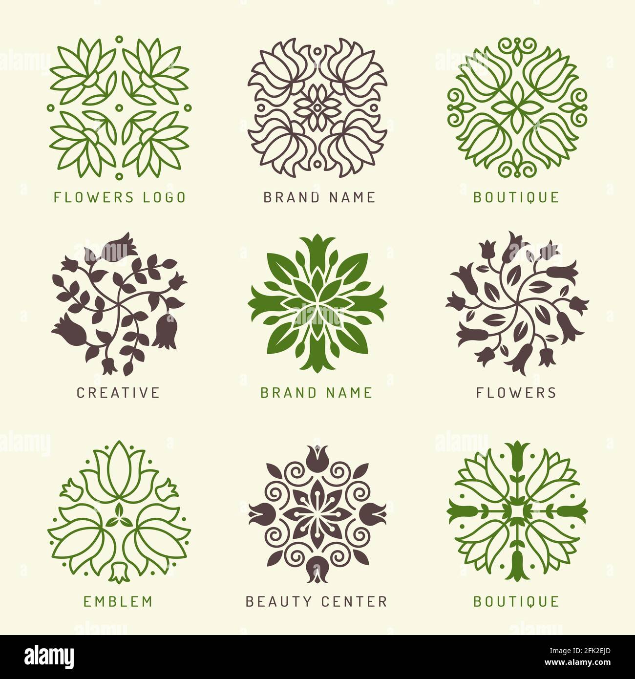 Floral logo. Botanical stylized elements decoration symbols leaves and flowers branches shapes wellness spa cosmetic vector logotype Stock Vector