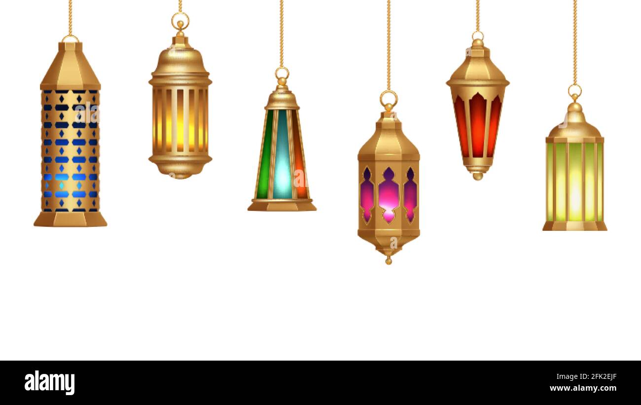 Oriental lamps. Arab lanterns hang on gold chains. Isolated realistic