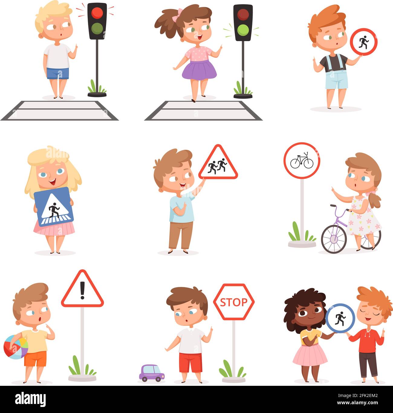 Traffic road education. School kids learning safety crossroad walking traffic lights and signs vector illustrations set Stock Vector