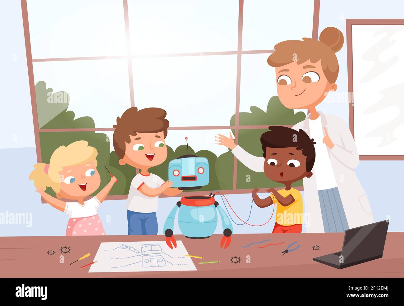 Kids with teacher robot programming. Future education process in class student coding robotics toys repair electronic technics vector background Stock Vector