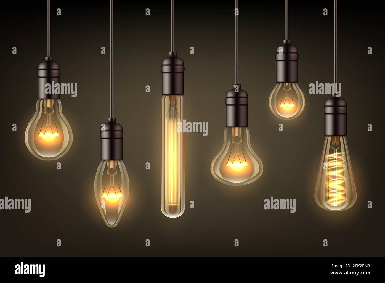 Glow realistic lamps. Incandescent light hang bulb wire vector illustrations set Stock Vector